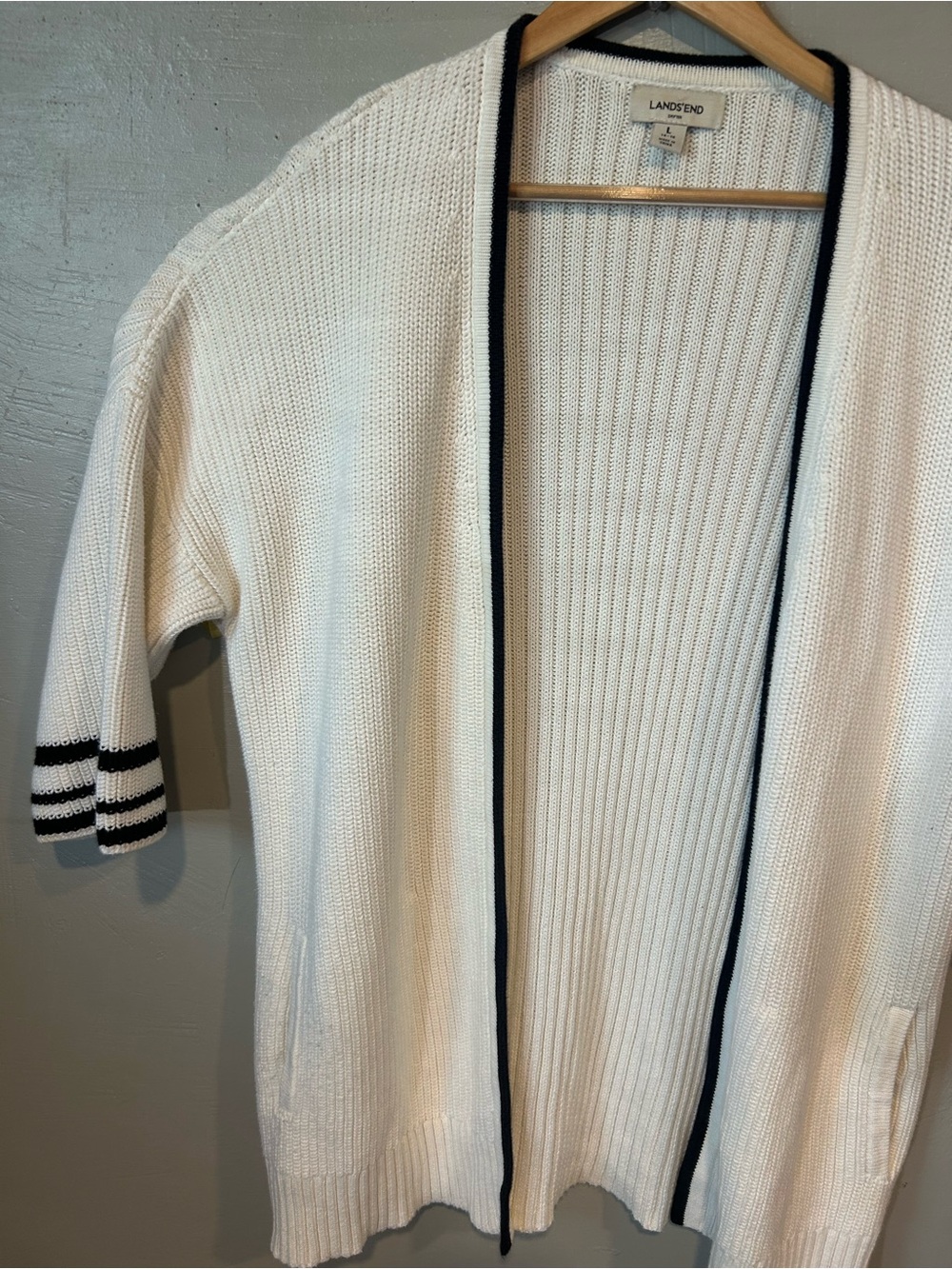 Lands' End White Open-Knit Sweater with Black Neck Trim